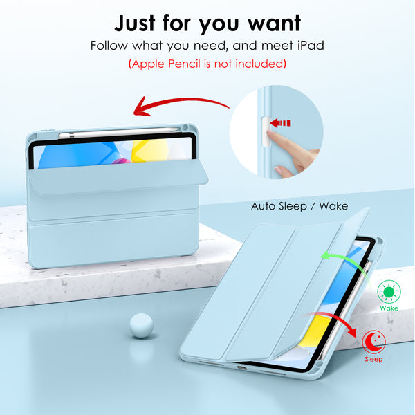 DTTO iPad 10th Generation Case 10.9 Inch 2022, Slim Tri-fold Stand Soft TPU Back with Pencil Holder for iPad 10 Case - Support Touch ID, Auto Sleep/Wake, and Honeycomb Grid Cushion, Black