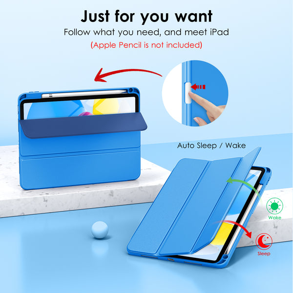 DTTO iPad 10th Generation Case 10.9 Inch 2022, Slim Tri-fold Stand Soft TPU Back with Pencil Holder for iPad 10 Case - Support Touch ID, Auto Sleep/Wake, and Honeycomb Grid Cushion, Black