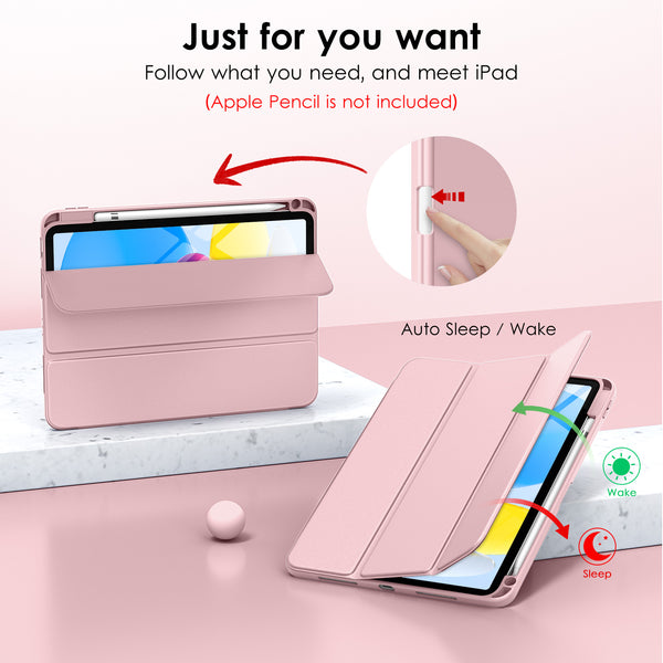 DTTO iPad 10th Generation Case 10.9 Inch 2022, Slim Tri-fold Stand Soft TPU Back with Pencil Holder for iPad 10 Case - Support Touch ID, Auto Sleep/Wake, and Honeycomb Grid Cushion, Black