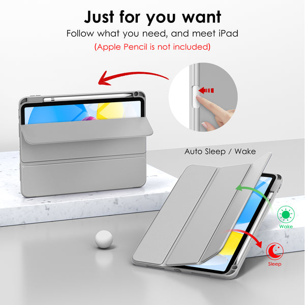 DTTO iPad 10th Generation Case 10.9 Inch 2022, Slim Tri-fold Stand Soft TPU Back with Pencil Holder for iPad 10 Case - Support Touch ID, Auto Sleep/Wake, and Honeycomb Grid Cushion, Black