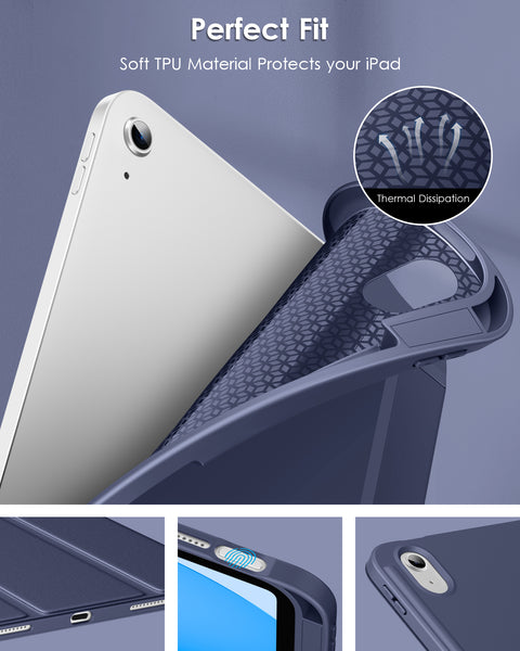 DTTO iPad 10th Generation Case 10.9 Inch 2022, Slim Tri-fold Stand Soft TPU Back with Pencil Holder for iPad 10 Case - Support Touch ID, Auto Sleep/Wake, and Honeycomb Grid Cushion, Black