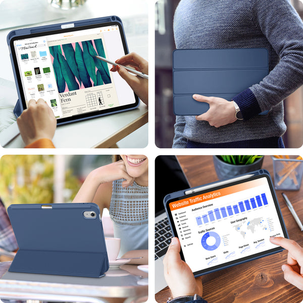 DTTO iPad 10th Generation Case 10.9 Inch 2022, Slim Tri-fold Stand Soft TPU Back with Pencil Holder for iPad 10 Case - Support Touch ID, Auto Sleep/Wake, and Honeycomb Grid Cushion, Black