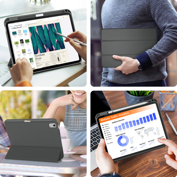 DTTO iPad 10th Generation Case 10.9 Inch 2022, Slim Tri-fold Stand Soft TPU Back with Pencil Holder for iPad 10 Case - Support Touch ID, Auto Sleep/Wake, and Honeycomb Grid Cushion, Black