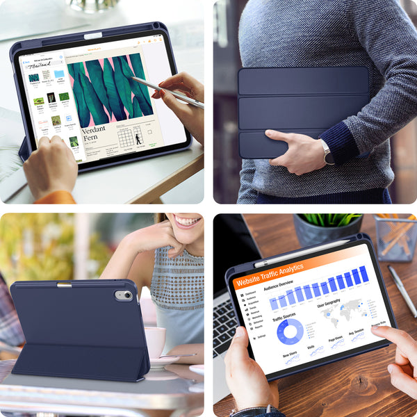 DTTO iPad 10th Generation Case 10.9 Inch 2022, Slim Tri-fold Stand Soft TPU Back with Pencil Holder for iPad 10 Case - Support Touch ID, Auto Sleep/Wake, and Honeycomb Grid Cushion, Black