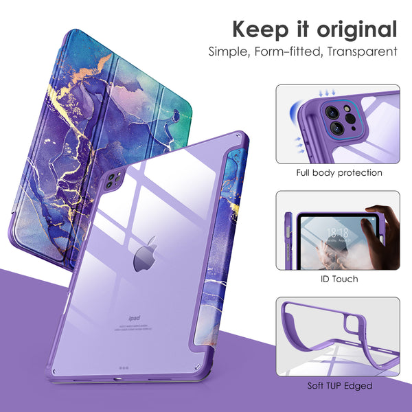 DTTOCASE for iPad Air Case 5th / 4th Generation 10.9 Inch (2022/2020),iPad Pro 11 Inch Case with Transparent Shockproof Back Cover[Built-in Pencil Holder,Auto Sleep/Wake,Camera Protection]-Blue Purple
