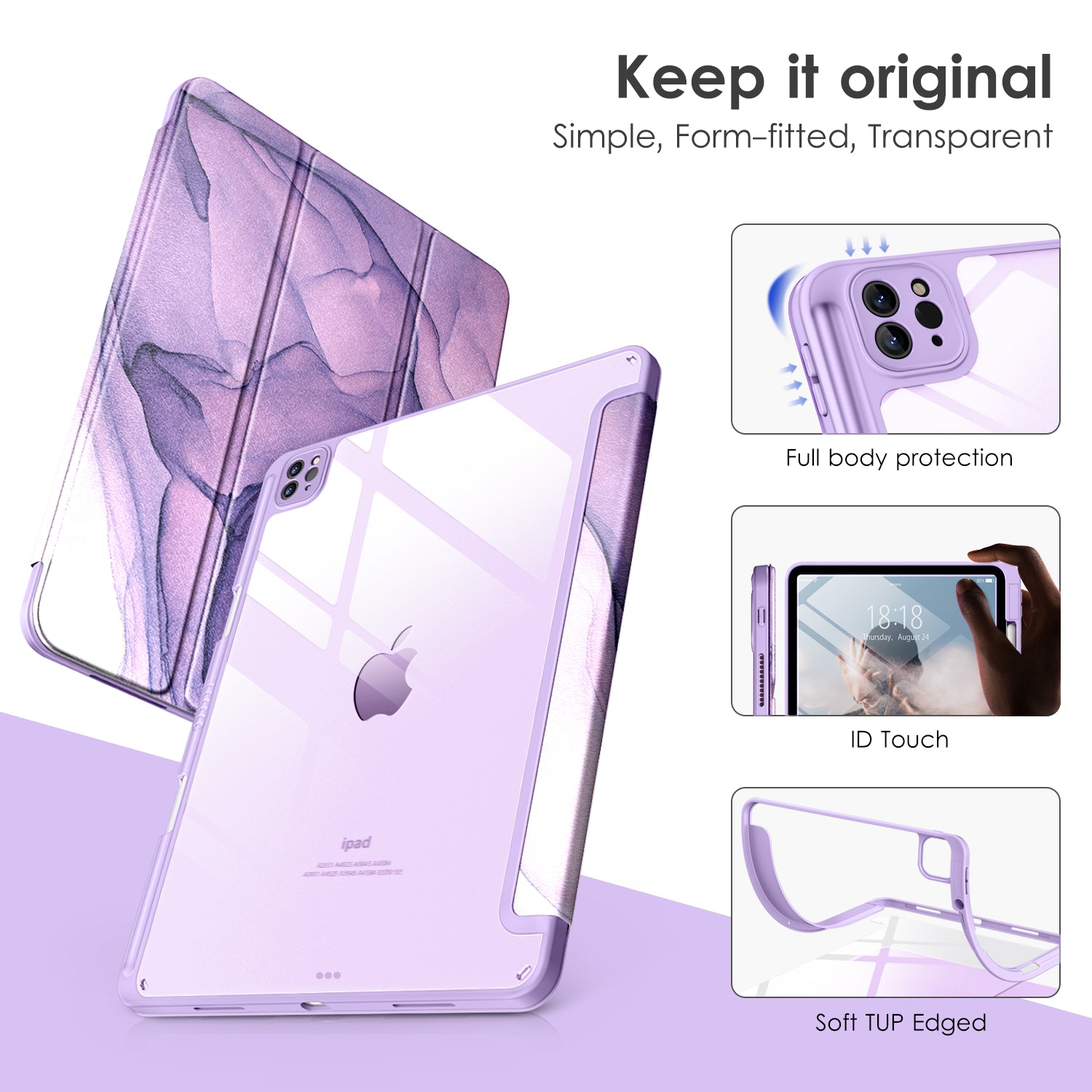 DTTOCASE iPad Pro 12.9 Case 6th / 5th / 4th / 3rd Generation 2022/2021 / 2020/2018,12.9 inch Clear Back Cover[Built-in Pencil Holder,Auto Sleep/Wake,Camera Protection] for iPad Pro-Blue Purple