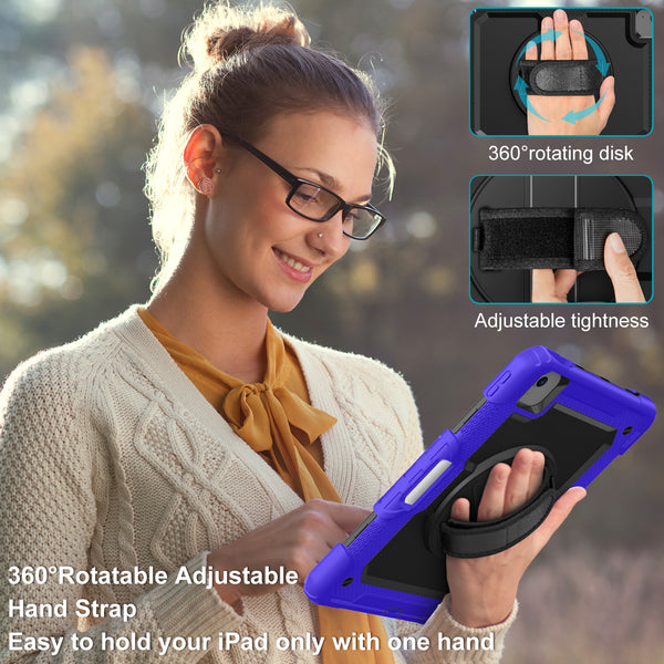 DTTO for iPad Air 5th/4th Generation Case 2022/2020 with Screen Protector& Pencil Holder, Heavy Duty Silicone Shockproof Protective +360 Rotating Hand Strap +Stand, for iPad Air 5th/4th & Pro 11-Black