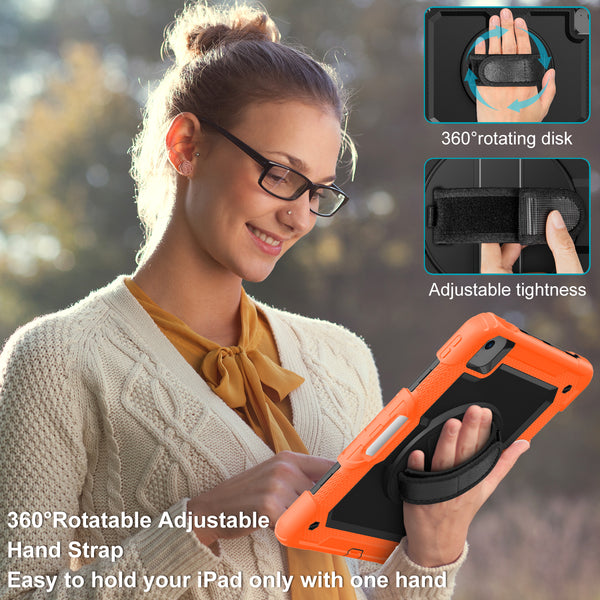 DTTO for iPad Air 5th/4th Generation Case 2022/2020 with Screen Protector& Pencil Holder, Heavy Duty Silicone Shockproof Protective +360 Rotating Hand Strap +Stand, for iPad Air 5th/4th & Pro 11-Black