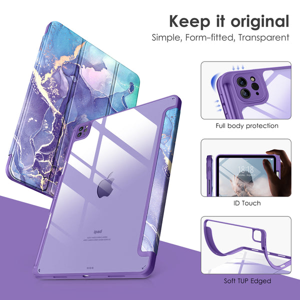 DTTOCASE iPad Pro 12.9 Case 6th / 5th / 4th / 3rd Generation 2022/2021 / 2020/2018,12.9 inch Clear Back Cover[Built-in Pencil Holder,Auto Sleep/Wake,Camera Protection] for iPad Pro-Blue Purple