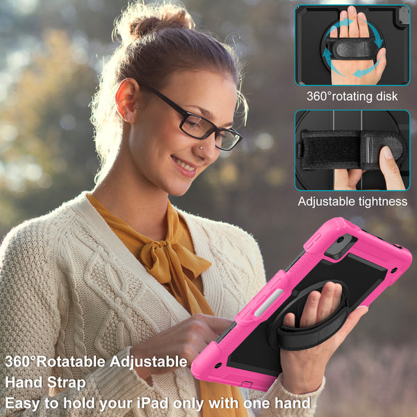 DTTO for iPad Air 5th/4th Generation Case 2022/2020 with Screen Protector& Pencil Holder, Heavy Duty Silicone Shockproof Protective +360 Rotating Hand Strap +Stand, for iPad Air 5th/4th & Pro 11-Black