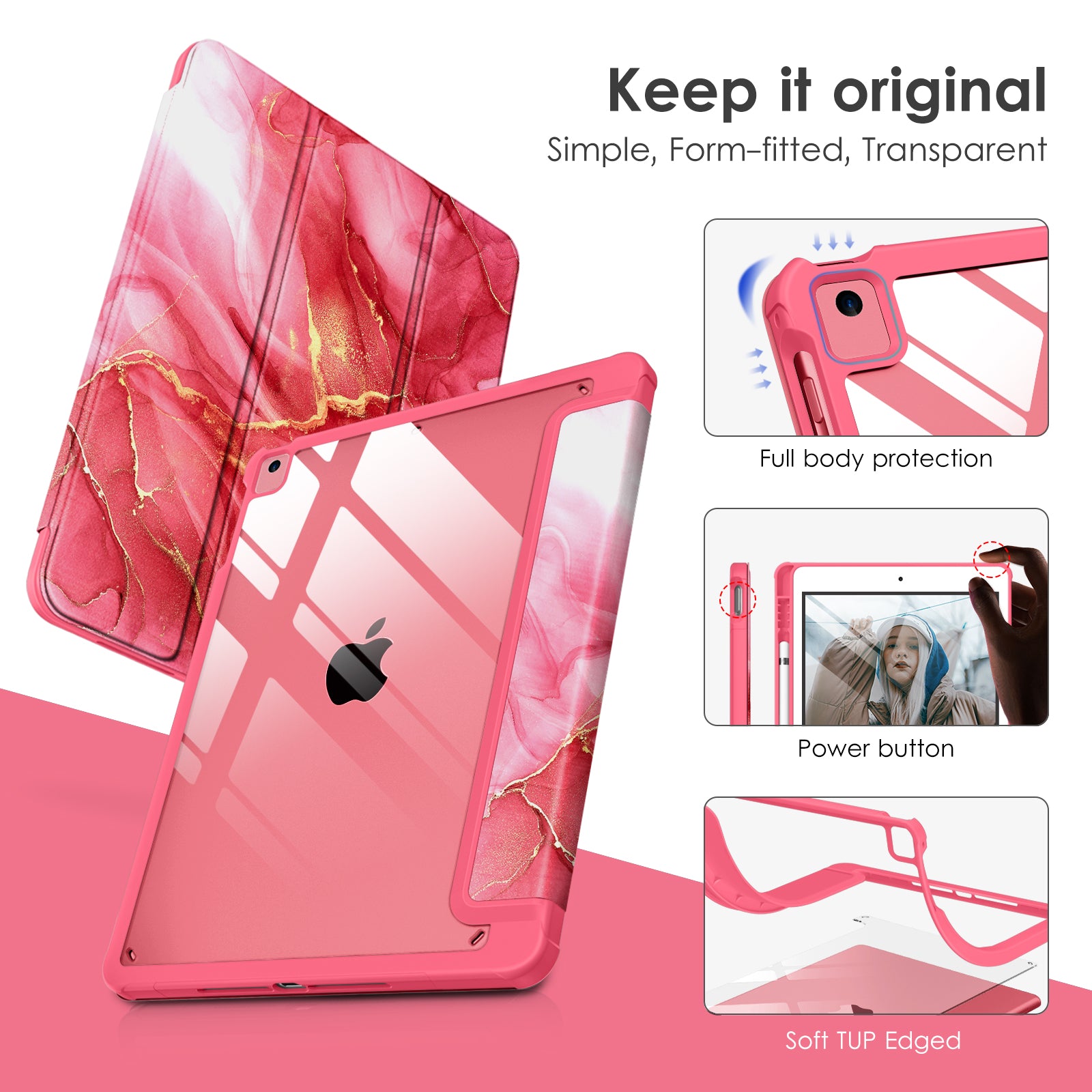 DTTOCASE for iPad 6th / 5th Generation 9.7 inch Case (2018/2017), iPad Air 2 & 1 (2014/2013) Case, Clear Back, Smart Cover [Built-in Pencil Holder, Auto Sleep/Wake] - Rose Gold