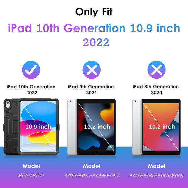 DTTO Case for iPad 10th Generation 10.9 Inch 2022 Release, iPad Case with Kickstand and Built-in Screen Protector, Durable Shockproof Full Body Protective Cover for Apple iPad 10.9 Inch - Black