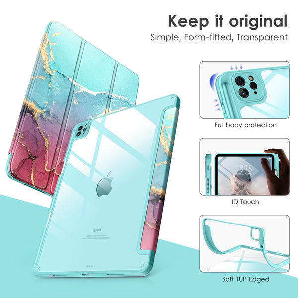 DTTOCASE iPad Pro 12.9 Case 6th / 5th / 4th / 3rd Generation 2022/2021 / 2020/2018,12.9 inch Clear Back Cover[Built-in Pencil Holder,Auto Sleep/Wake,Camera Protection] for iPad Pro-Blue Purple