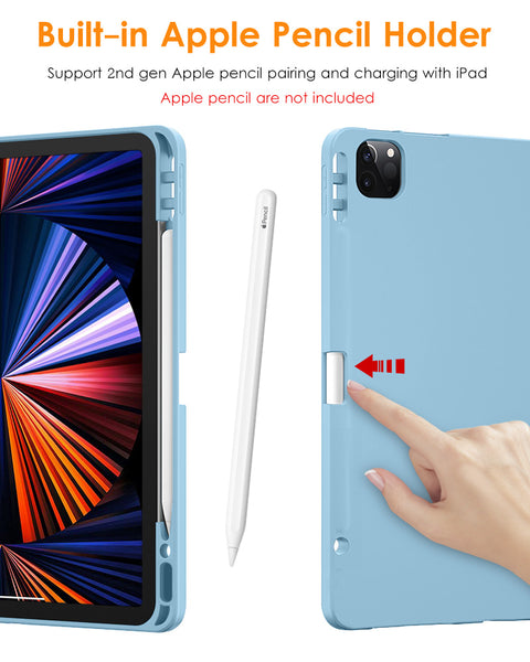 DTTO iPad Pro 12.9 case 2021 [Full Body Protection+Apple 2nd Pencil Charging+ Auto Sleep/Wake] Soft TPU Smart Back Cover Case, Ice Blue