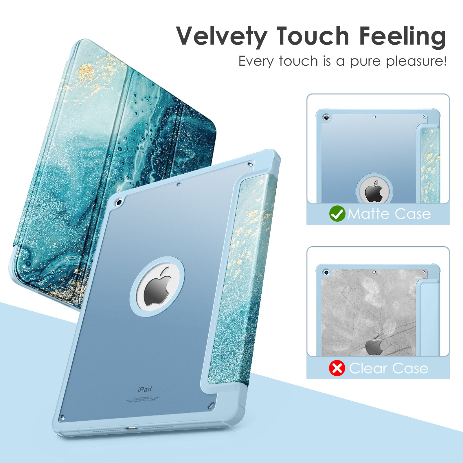 VIKESI Smooth Matte Case for iPad 9th / 8th / 7th Generation 10.2 inch (2021/2020/2019 Released), TPU Shockproof Frame, Built-in Pencil Holder,Support Auto Sleep/Wake - Light Blue