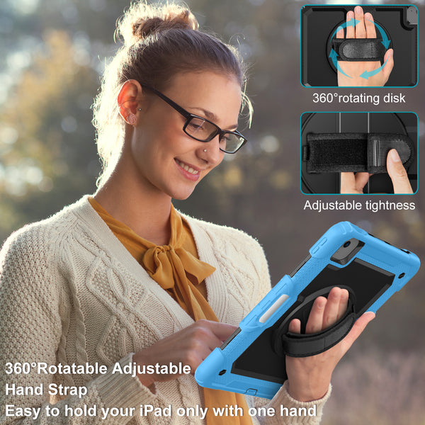 DTTO for iPad Air 5th/4th Generation Case 2022/2020 with Screen Protector& Pencil Holder, Heavy Duty Silicone Shockproof Protective +360 Rotating Hand Strap +Stand, for iPad Air 5th/4th & Pro 11-Black