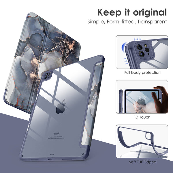 DTTOCASE iPad Pro 12.9 Case 6th / 5th / 4th / 3rd Generation 2022/2021 / 2020/2018,12.9 inch Clear Back Cover[Built-in Pencil Holder,Auto Sleep/Wake,Camera Protection] for iPad Pro-Blue Purple