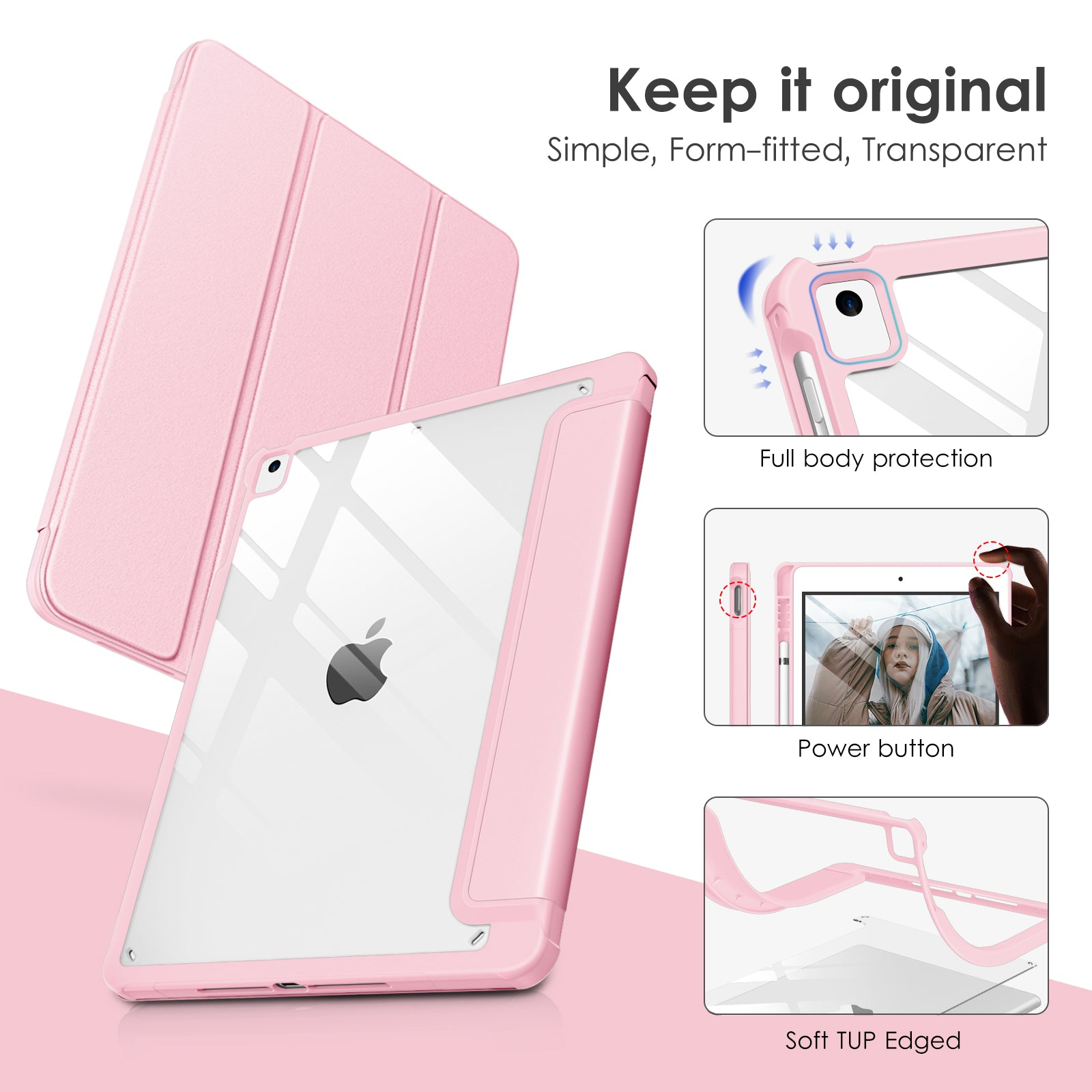 DTTOCASE for iPad 6th / 5th Generation 9.7 inch Case (2018/2017), iPad Air 2 & 1 (2014/2013) Case, Clear Back, Smart Cover [Built-in Pencil Holder, Auto Sleep/Wake] - Rose Gold