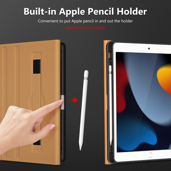 DTTO Rotating Case for iPad 9th/8th/7th Generation 10.2 Inch 2021/2020/2019, 360 Degree Rotating Premium Leather Folio Stand Protective Cover with Pencil Holder - Auto Wake/Sleep and Hand Strap, Brown