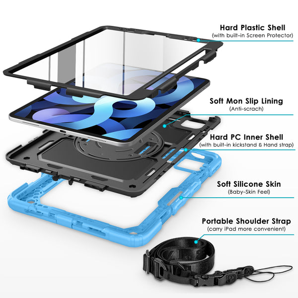 DTTO for iPad Air 5th/4th Generation Case 2022/2020 with Screen Protector& Pencil Holder, Heavy Duty Silicone Shockproof Protective +360 Rotating Hand Strap +Stand, for iPad Air 5th/4th & Pro 11-Black