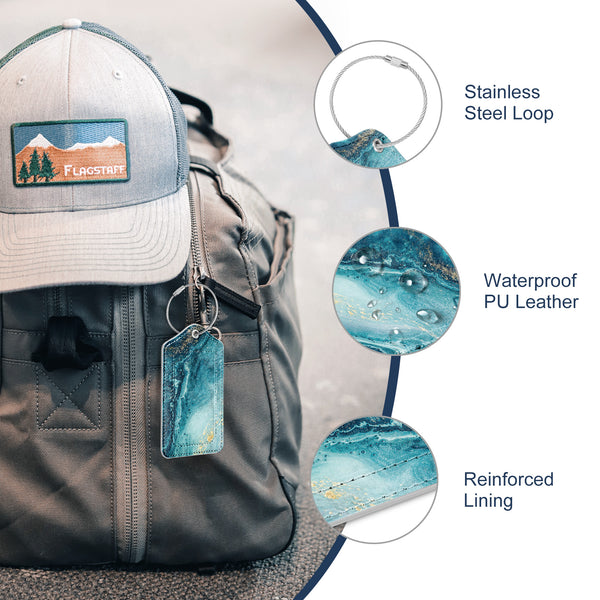 2 Pcs Luggage Tags for Suitcases, DTTO PU Leather Travel Name ID Labels with Privacy Flap, Stainless Steel Loop for Women/Men/Kids/Girls, Marble Pink