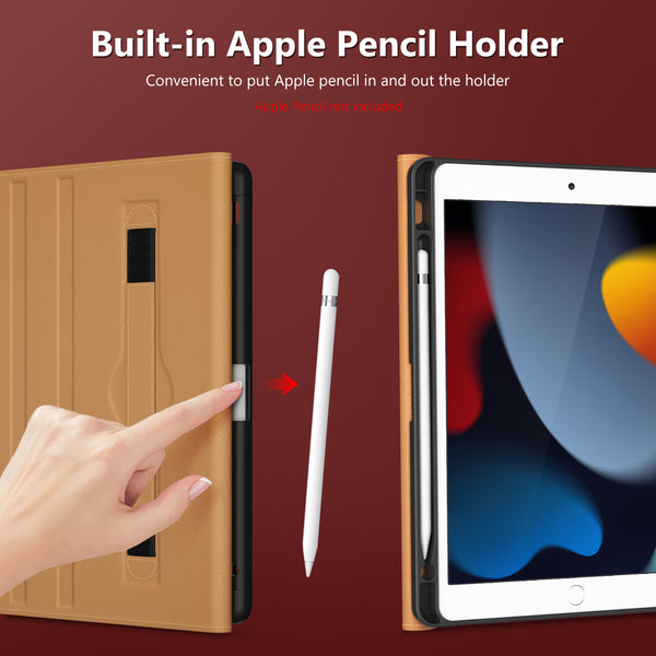 DTTO Rotating Case for iPad 9th/8th/7th Generation 10.2 Inch 2021/2020/2019, 360 Degree Rotating Premium Leather Folio Stand Protective Cover with Pencil Holder - Auto Wake/Sleep and Hand Strap, Brown