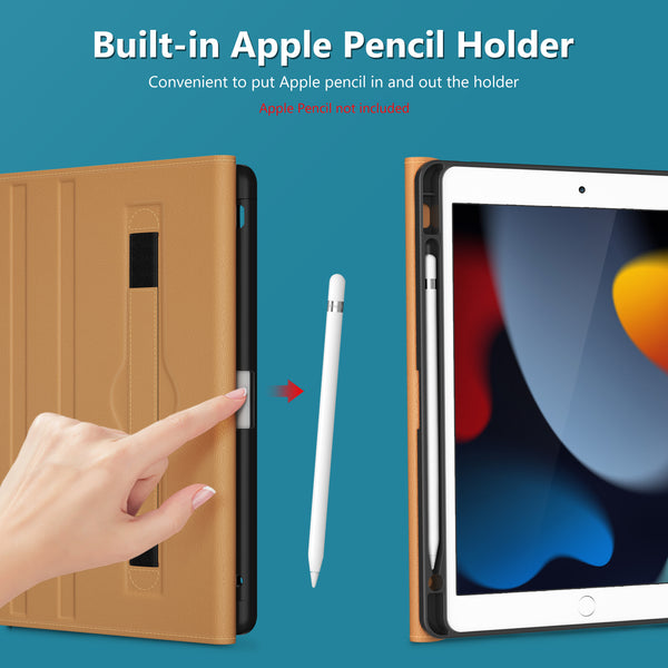 DTTO Rotating Case for iPad 9th/8th/7th Generation 10.2 Inch 2021/2020/2019, 360 Degree Rotating Premium Leather Folio Stand Protective Cover with Pencil Holder - Auto Wake/Sleep and Hand Strap, Brown