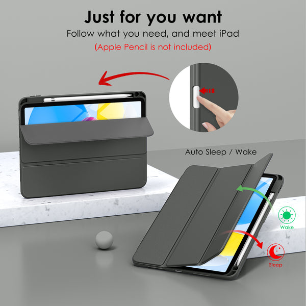 DTTO iPad 10th Generation Case 10.9 Inch 2022, Slim Tri-fold Stand Soft TPU Back with Pencil Holder for iPad 10 Case - Support Touch ID, Auto Sleep/Wake, and Honeycomb Grid Cushion, Black