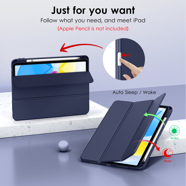 DTTO iPad 10th Generation Case 10.9 Inch 2022, Slim Tri-fold Stand Soft TPU Back with Pencil Holder for iPad 10 Case - Support Touch ID, Auto Sleep/Wake, and Honeycomb Grid Cushion, Black