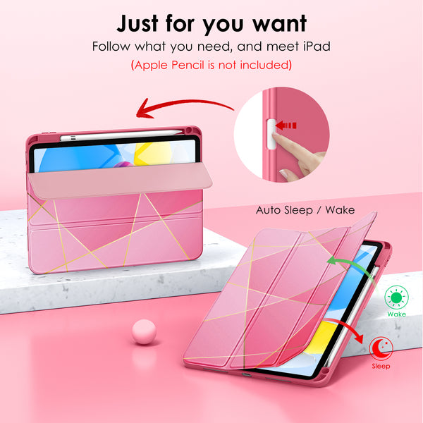 DTTO iPad 10th Generation Case 10.9 Inch 2022, Slim Tri-fold Stand Soft TPU Back with Pencil Holder for iPad 10 Case - Support Touch ID, Auto Sleep/Wake, and Honeycomb Grid Cushion, Black