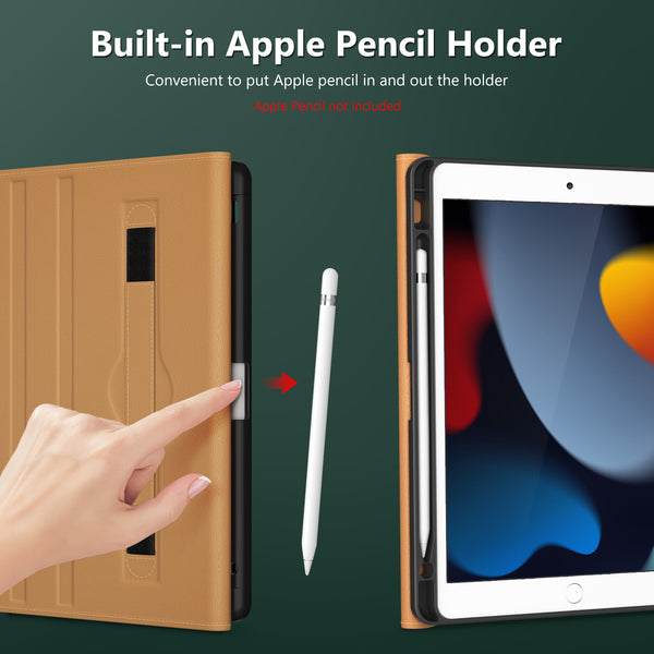 DTTO Rotating Case for iPad 9th/8th/7th Generation 10.2 Inch 2021/2020/2019, 360 Degree Rotating Premium Leather Folio Stand Protective Cover with Pencil Holder - Auto Wake/Sleep and Hand Strap, Brown