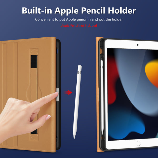 DTTO Rotating Case for iPad 9th/8th/7th Generation 10.2 Inch 2021/2020/2019, 360 Degree Rotating Premium Leather Folio Stand Protective Cover with Pencil Holder - Auto Wake/Sleep and Hand Strap, Brown