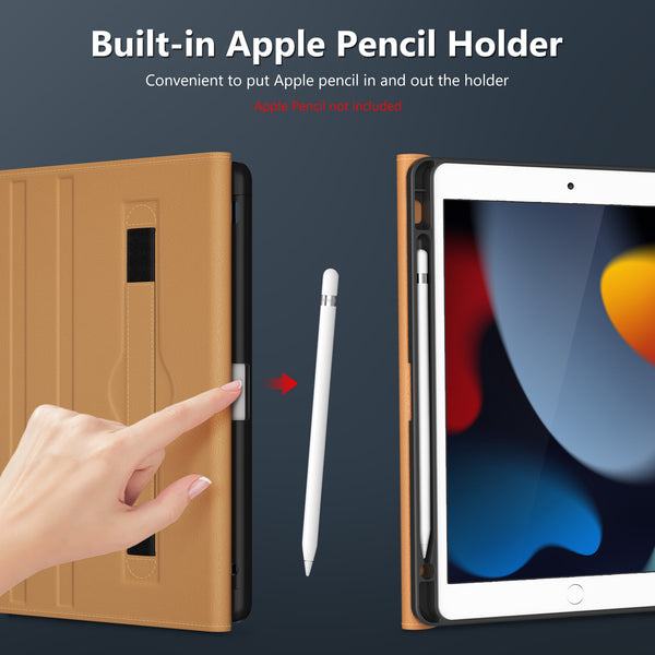 DTTO Rotating Case for iPad 9th/8th/7th Generation 10.2 Inch 2021/2020/2019, 360 Degree Rotating Premium Leather Folio Stand Protective Cover with Pencil Holder - Auto Wake/Sleep and Hand Strap, Brown
