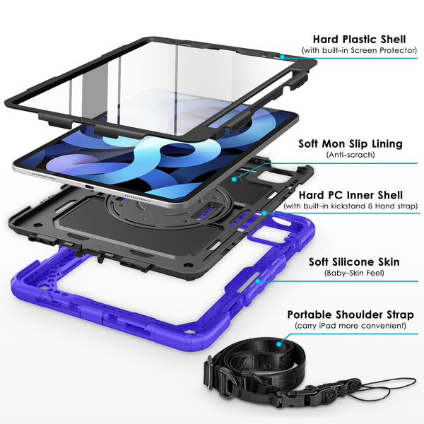 DTTO for iPad Air 5th/4th Generation Case 2022/2020 with Screen Protector& Pencil Holder, Heavy Duty Silicone Shockproof Protective +360 Rotating Hand Strap +Stand, for iPad Air 5th/4th & Pro 11-Black