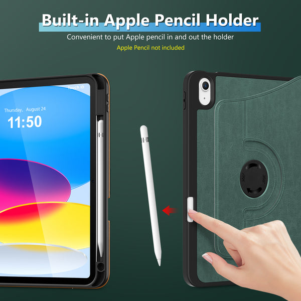 DTTO Rotating Case for iPad 10th Generation 10.9 Inch 2022, 360 Degree Rotating Premium Leather Folio Stand Protective Cover with Pencil Holder - Auto Wake/Sleep and Hand Strap, Brown