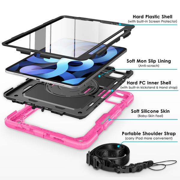 DTTO for iPad Air 5th/4th Generation Case 2022/2020 with Screen Protector& Pencil Holder, Heavy Duty Silicone Shockproof Protective +360 Rotating Hand Strap +Stand, for iPad Air 5th/4th & Pro 11-Black