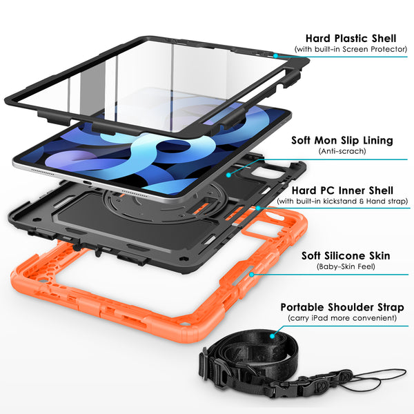 DTTO for iPad Air 5th/4th Generation Case 2022/2020 with Screen Protector& Pencil Holder, Heavy Duty Silicone Shockproof Protective +360 Rotating Hand Strap +Stand, for iPad Air 5th/4th & Pro 11-Black