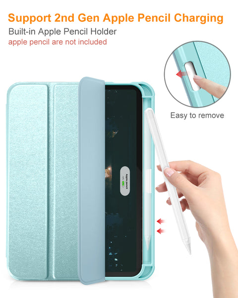 DTTO for iPad Mini 6 Case 2021 with Pencil Holder, Slim Smart Smooth Trifold Stand Front Cover [Auto Sleep/Wake] with Hard PC Clear Back Cover for Apple iPad Mini 6th Generation 8.3 Inch, Marble Green