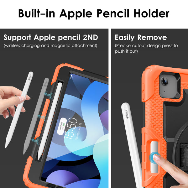 DTTO for iPad Air 5th/4th Generation Case 2022/2020 with Screen Protector& Pencil Holder, Heavy Duty Silicone Shockproof Protective +360 Rotating Hand Strap +Stand, for iPad Air 5th/4th & Pro 11-Black