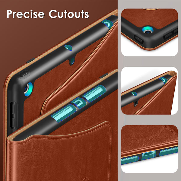 DTTO Rotating Case for iPad 9th/8th/7th Generation 10.2 Inch 2021/2020/2019, 360 Degree Rotating Premium Leather Folio Stand Protective Cover with Pencil Holder - Auto Wake/Sleep and Hand Strap, Brown