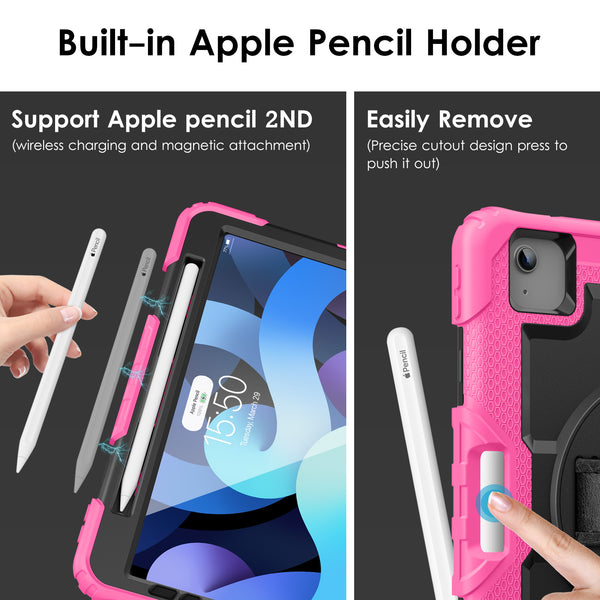 DTTO for iPad Air 5th/4th Generation Case 2022/2020 with Screen Protector& Pencil Holder, Heavy Duty Silicone Shockproof Protective +360 Rotating Hand Strap +Stand, for iPad Air 5th/4th & Pro 11-Black