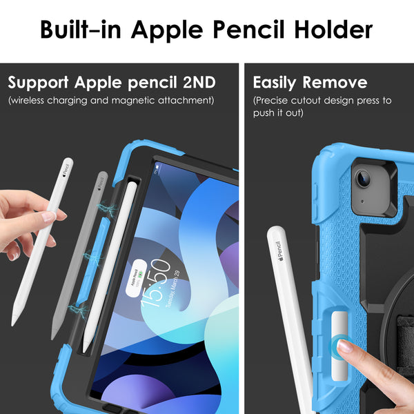 DTTO for iPad Air 5th/4th Generation Case 2022/2020 with Screen Protector& Pencil Holder, Heavy Duty Silicone Shockproof Protective +360 Rotating Hand Strap +Stand, for iPad Air 5th/4th & Pro 11-Black