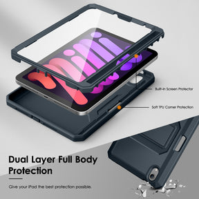 DTTO Shockproof Case for iPad Mini 6 2021, Dual Layer Full Body Tough Rugged Stand Cover Case, Built-in Screen Protector and Pencil Holder for iPad Mini 6 8.3 inch 2021 Release, Deep Black