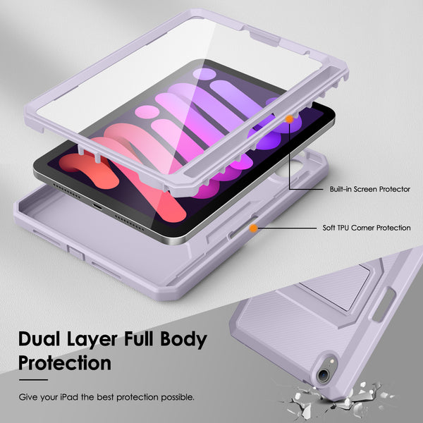 DTTO Shockproof Case for iPad Mini 6 2021, Dual Layer Full Body Tough Rugged Stand Cover Case, Built-in Screen Protector and Pencil Holder for iPad Mini 6 8.3 inch 2021 Release, Deep Black