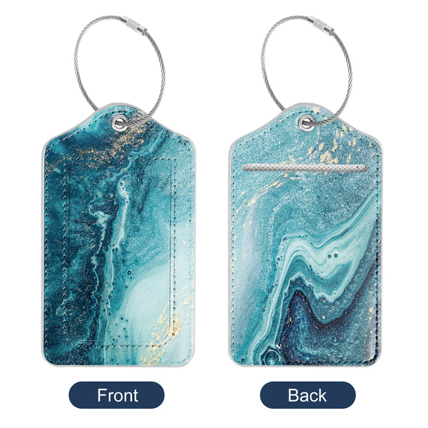 2 Pcs Luggage Tags for Suitcases, DTTO PU Leather Travel Name ID Labels with Privacy Flap, Stainless Steel Loop for Women/Men/Kids/Girls, Marble Pink