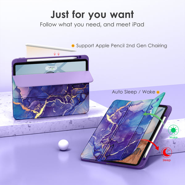 DTTOCASE for iPad Air Case 5th / 4th Generation 10.9 Inch (2022/2020),iPad Pro 11 Inch Case with Transparent Shockproof Back Cover[Built-in Pencil Holder,Auto Sleep/Wake,Camera Protection]-Blue Purple
