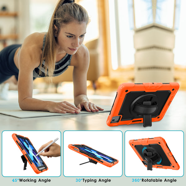 DTTO for iPad Air 5th/4th Generation Case 2022/2020 with Screen Protector& Pencil Holder, Heavy Duty Silicone Shockproof Protective +360 Rotating Hand Strap +Stand, for iPad Air 5th/4th & Pro 11-Black