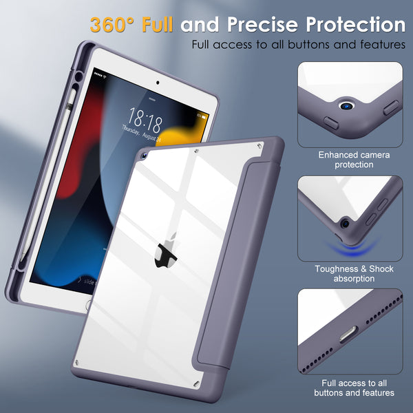 DTTO for iPad 9th/8th/7th Generation 10.2 inch 2021/2020/2019 Case, Lightweight Smart Trifold Stand with Hard PC Clear Transparent Back Shockproof Cover with Pencil Holder - Black