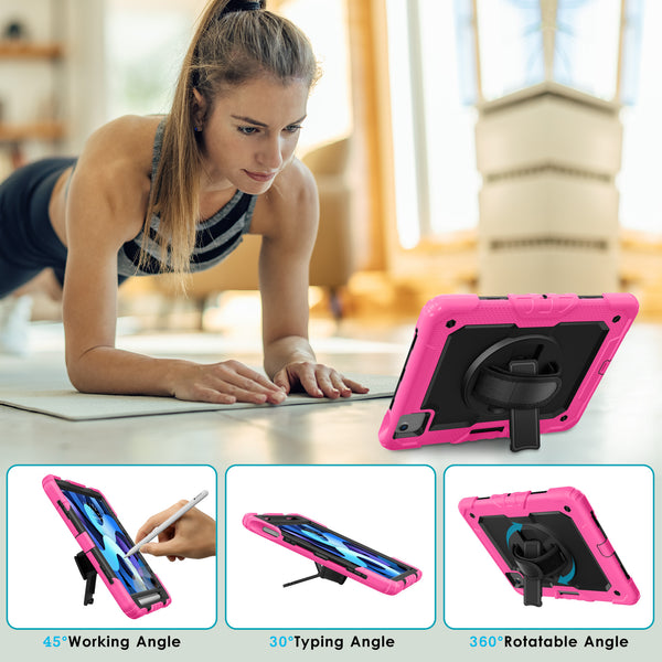 DTTO for iPad Air 5th/4th Generation Case 2022/2020 with Screen Protector& Pencil Holder, Heavy Duty Silicone Shockproof Protective +360 Rotating Hand Strap +Stand, for iPad Air 5th/4th & Pro 11-Black