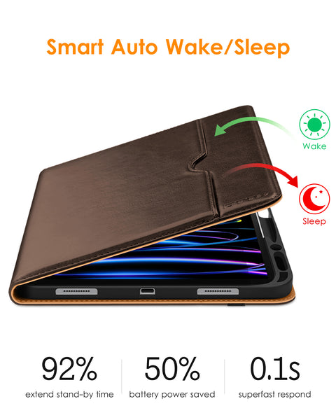 DTTO iPad Pro 12.9 6th / 5th / 4th / 3rd Generation Case 2022/2021/2020/2018, Premium Leather Folio Stand Cover with Built-in Apple Pencil Holder -Auto Wake/Sleep and Multi Viewing Angles,Brown